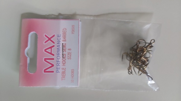 Max Performance Treble Hooks Semi Barbed Size 8